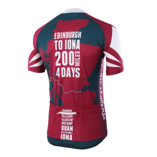Short sleeved burgandy and white cycling jersey Back