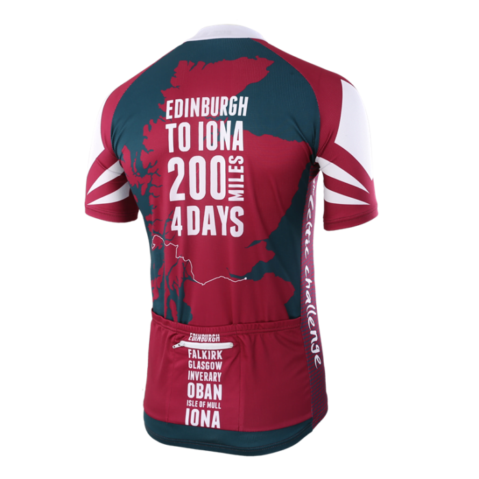 Short sleeved burgandy and white cycling jersey Back