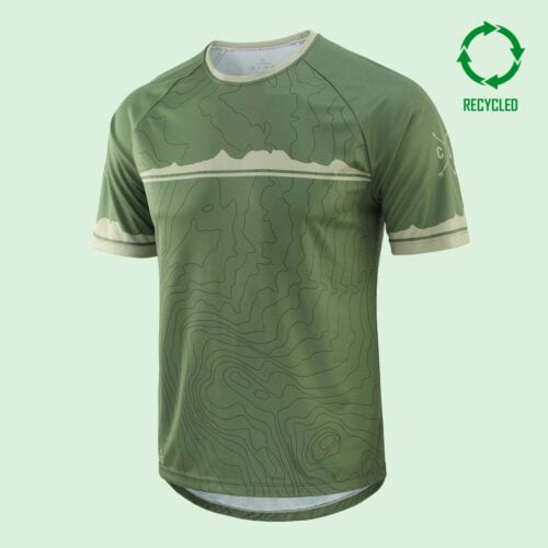 Front view of olive green, short sleeved mountain bike t shirt with circular "recycled" icon in top right of picture