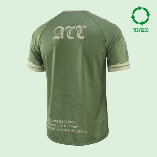 Back view of olive green short sleeve cycling t shirt with circular "recycled" logo in upper right corner