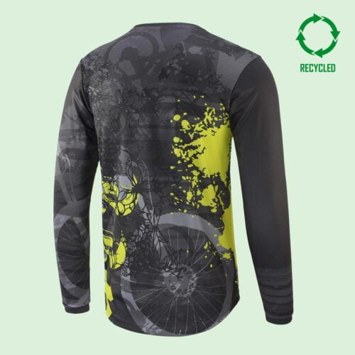 Rear view of a long sleeved mountain bike t shirt in a black grey and yellow graffiti type pattern with circular "recycled" logo in top right of image