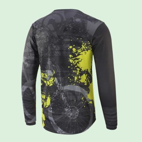 Rear view of long sleeved mountain bike top with black, grey and yellow bike & mud pattern