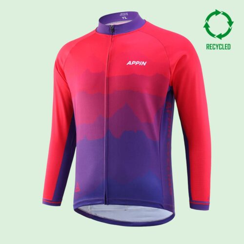 Front view of a long sleeved cycle jersey with a purple and pink pattern and a circular "recycled" logo