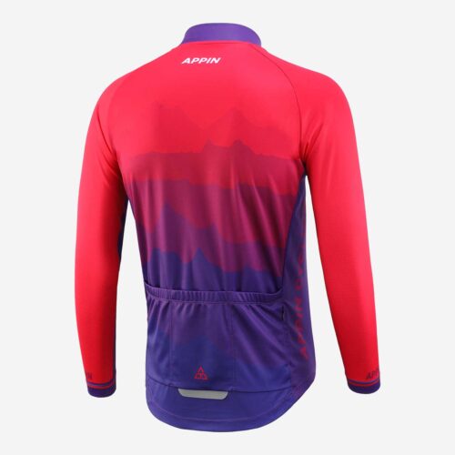 Back view of a pink and purple, long sleeved cycling jersey with 3 pouch pockets on lower back