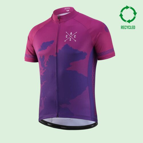 Front view of a purple short sleeve cycling jersey with white crossed-arrow logo on the chest, and a circular "recycled" logo