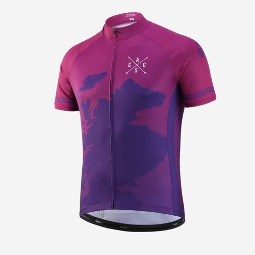 Short Sleeve Zip front cycling jersey in shades of pink and purple with small white crossed-arrow logo on front chest