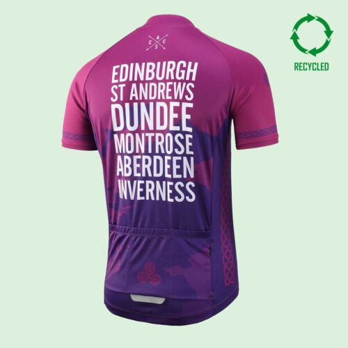 Back view of a purple short sleeve cycling jersey, with white design listing the nanes of 6 cities on the back, and a circular "recycled" logo