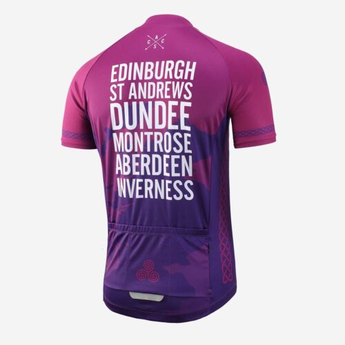 Rear view of a pink and purple shorts sleeved cycling jersey with names of 6 cities on the back in white print