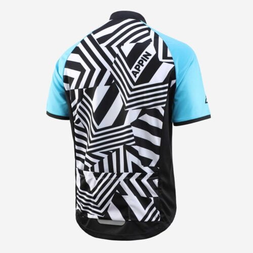 Rear view of a black and white patterned cycling jersey