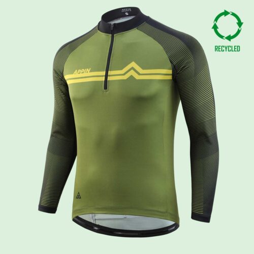 Frton view of olive green cycling top with zip and horizontal yellow stripes, with circular "recycled" logo