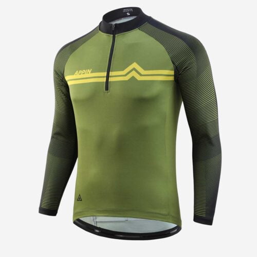Front view of long sleeved cycling jersey with 2 horizontal stripes across the chest