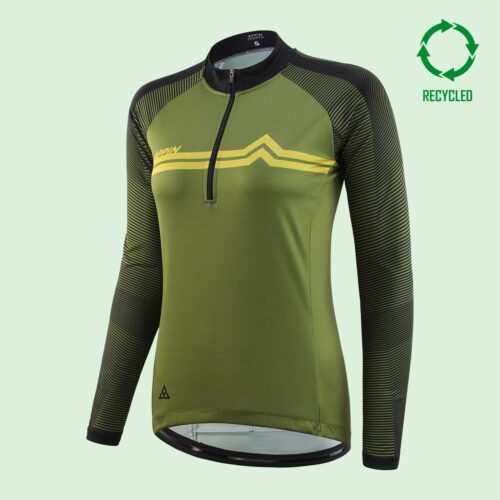 Front view of women's cycling jersey in olive green with black patterned sleeves, two horizonal yellow stripes across the chest and a circular "recycled" logo in top right corner of the image
