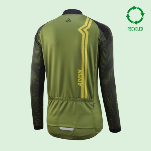 Back view of olive green cycling top with two vertical yellow stripes - and circular "recycled" logo