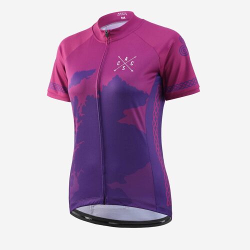 Front view of a women's zippered pink and purple shorts sleeve cycle jersey with small white logo on chest