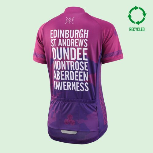 Back view of a purple, short sleeved cycling jersey with list of six cities on the upper back, and a circular "recycled" logo