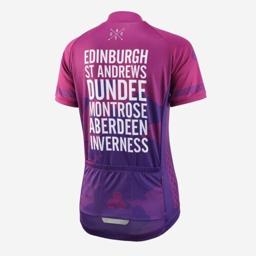 Rear view of a pink and purple short-sleeved cycling jersey with whit design on the back, and circular "recycled" logo