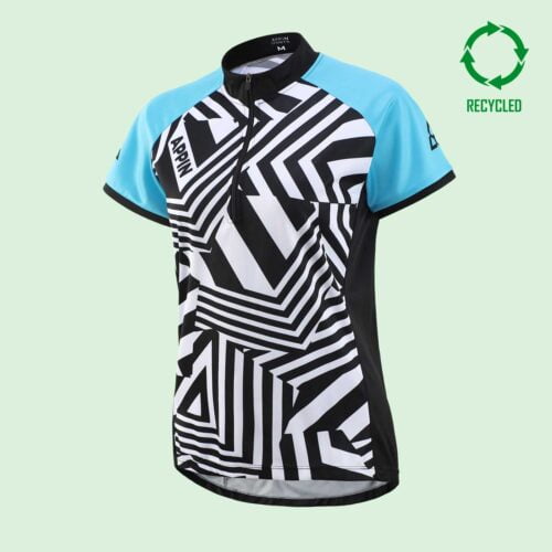 Frotn view of a women's zip front. short sleeve Cycling top with black and white pattern and bright blue sleeves, with a circular logo that reads "recycled" in top right corner