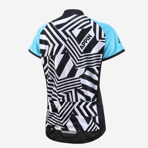 Rear view of black and white patterned cycle jersey