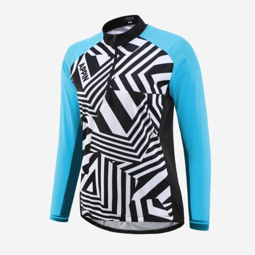 Front view of a long sleeved cycling jersey with a black and white pattern and bright blue sleeves