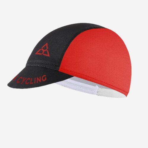 Red and black close-fitting cycling cap with word "cycling" on the front brim