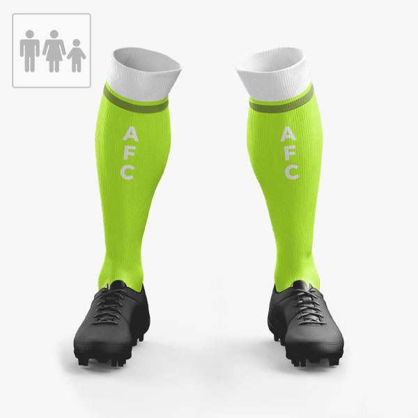 Knee length football socks with contrast band at top, and 3-lettered logo design on front shin