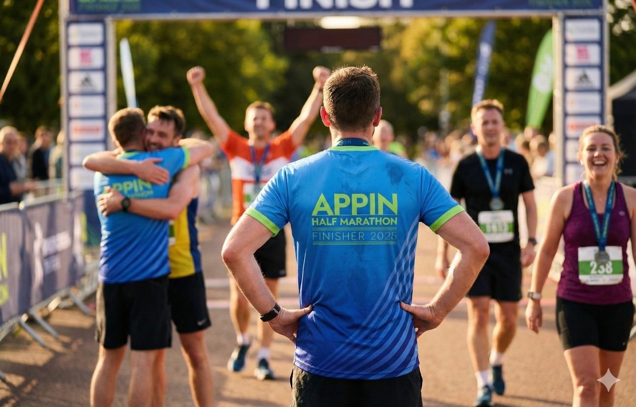 People wearing Finisher T-shirts congratulating each other at the end of a running race.