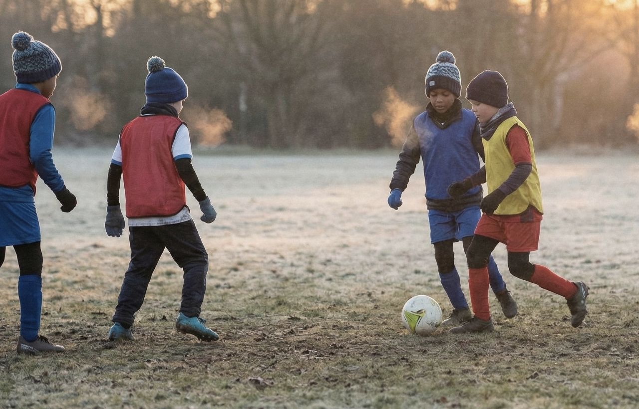 Children playing football on a frosty park