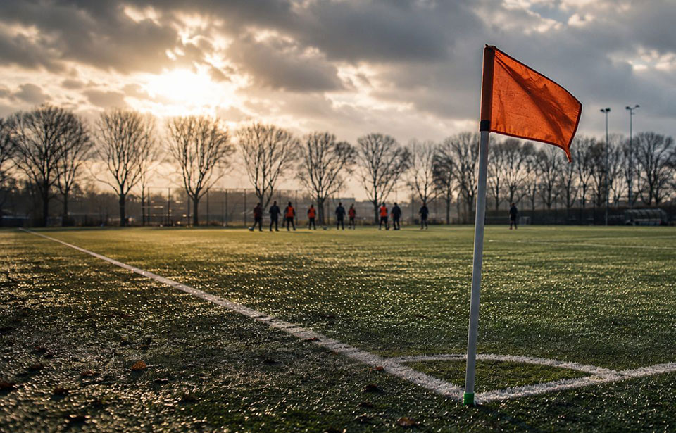 An orange corner flag on a muddy football pitch during a winter afternoon with players training in the background under a cloudy sky.